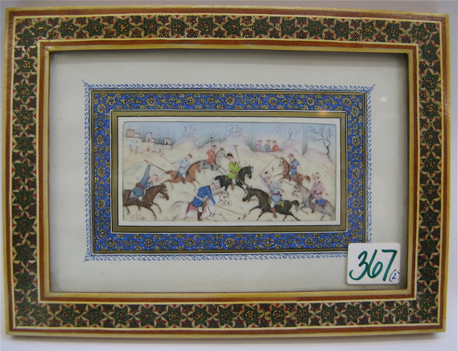 Appraisal: TWO FRAMED PERSIAN PAINTINGS of horses and riders the frames