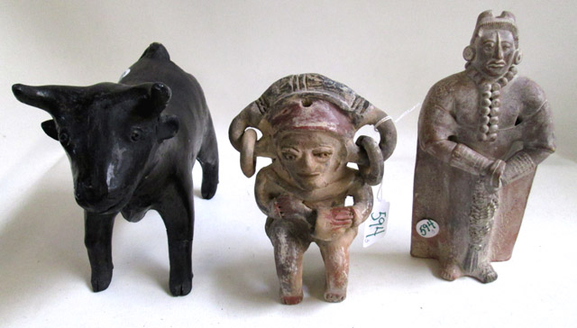 Appraisal: THREE PRE-COLUMBIAN STYLE EARTHENWARE FIGURES consisting of a blackware bull