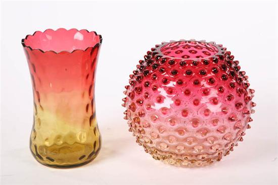 Appraisal: TWO PIECES OF AMBERINA Thumbprint pattern celery h Hobnail rose