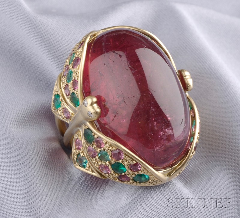 Appraisal: kt Gold Tourmaline and Emerald Ring set with a cabochon