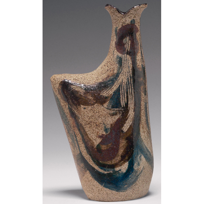 Appraisal: Denis Chasek vase unusual shape with painted designs in brown