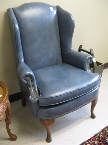 Appraisal: BLUE LEATHER WINGBACK ARMCHAIR Classic Leather Inc Hickory N C