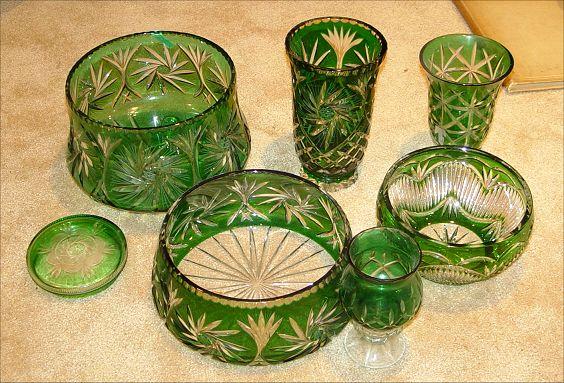 Appraisal: BOHEMIAN GREEN CUT TO CLEAR GLASS piece collection to include