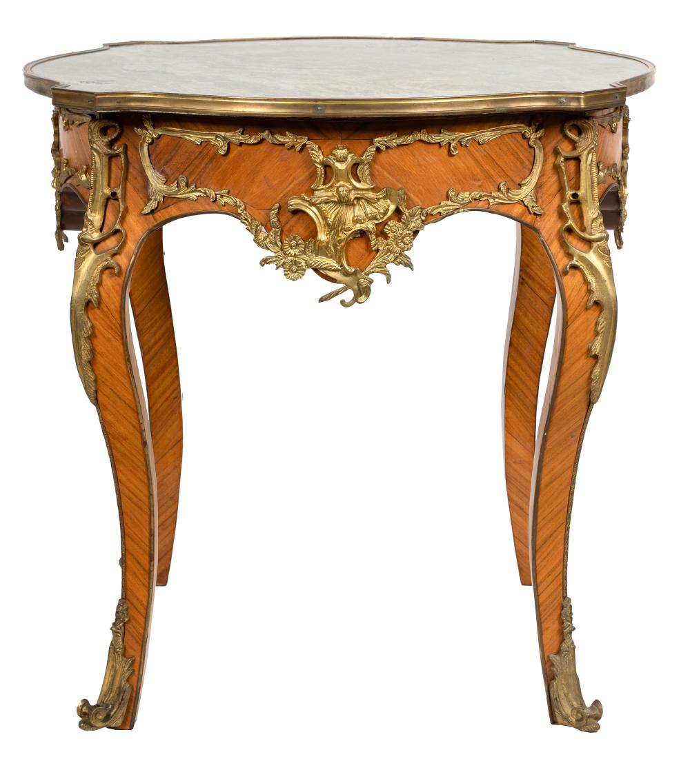 Appraisal: LOUIS XV-STYLE CENTER TABLE th century with green marble-inset top