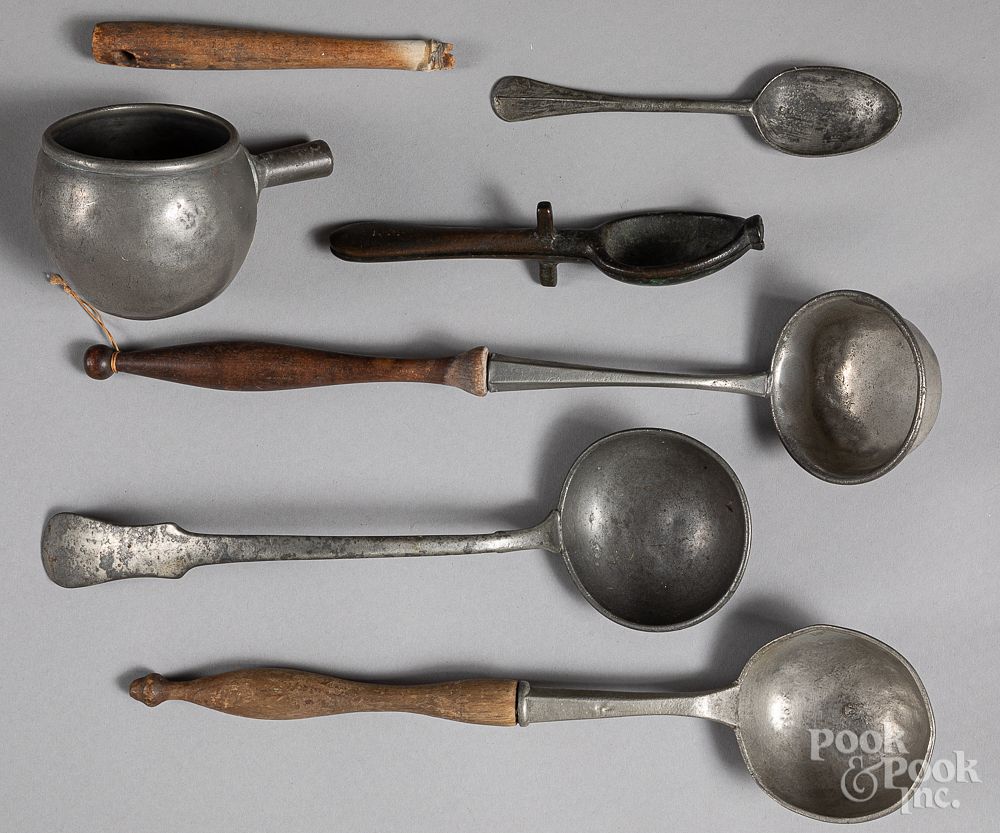 Appraisal: Four pewter ladles Four pewter ladles together with a spoon