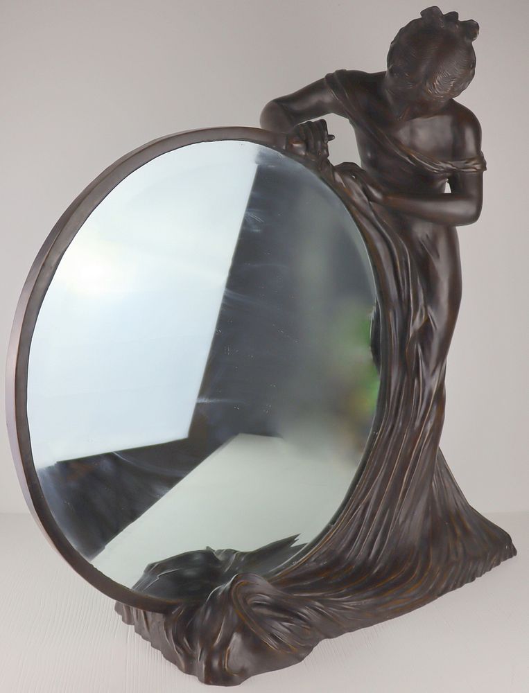 Appraisal: Art Nouveau Bronze Mirror with Standing Beauty Apparently unsigned From