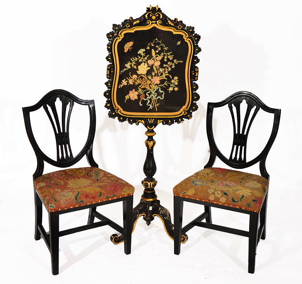 Appraisal: A PAIR OF EDWARDIAN EBONISED HEPPLEWHITE STYLE SHIELD BACK DINING