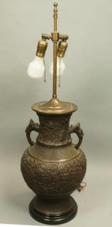 Appraisal: Large Chinese Metal Table Lamp Urn form with flo Large