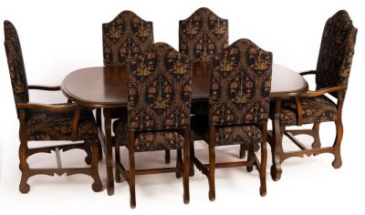 Appraisal: A trestle type mahogany dining table and six matching chairs