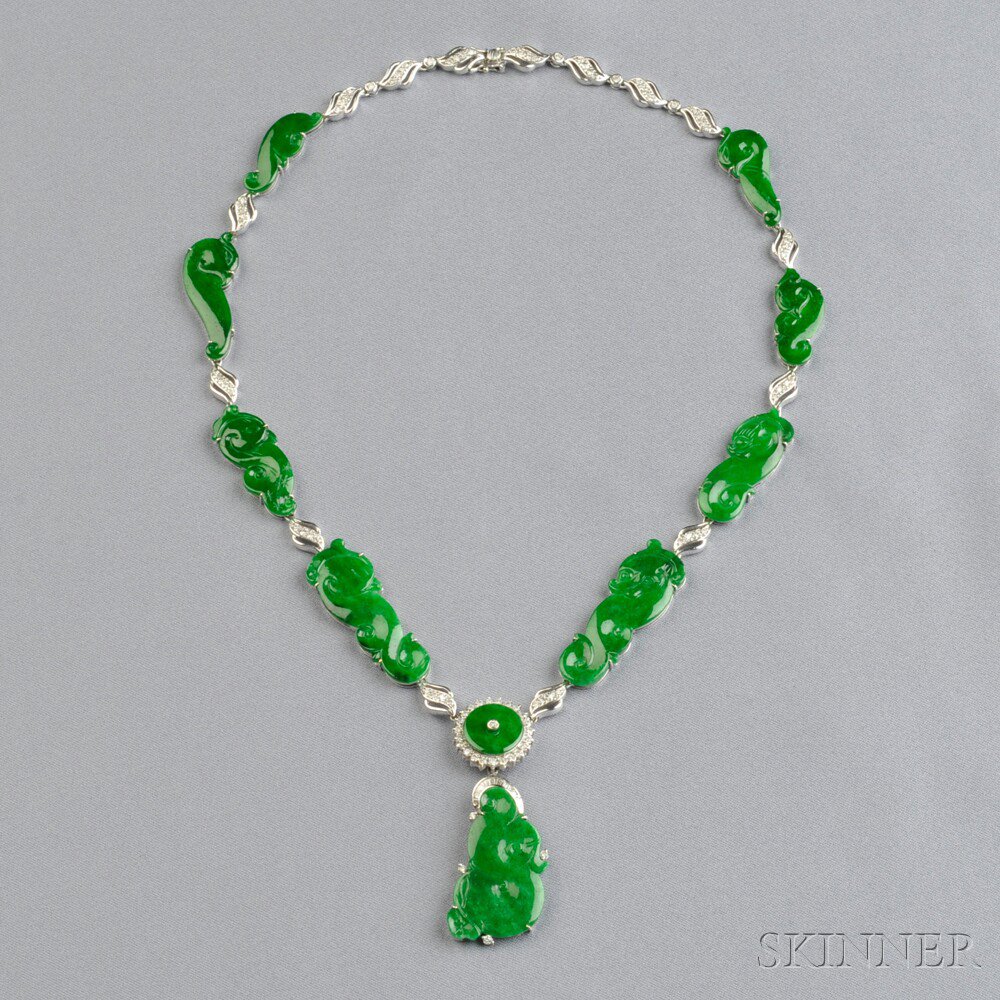 Appraisal: kt White Gold Jade and Diamond Necklace the jade tablets