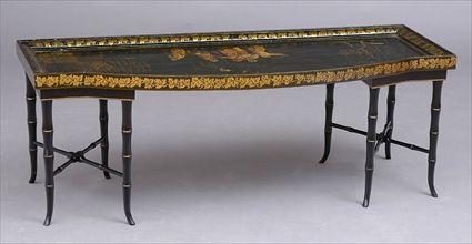 Appraisal: CHINOISERIE BLACK LACQUER TRAY TOP LOW TABLE Of bowed breakfront