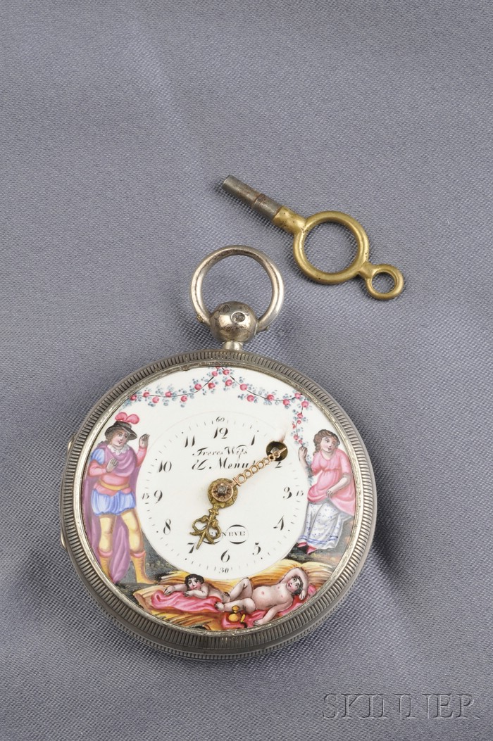 Appraisal: Antique Pocket Watch Freres Wiss Menu the white porcelain dial