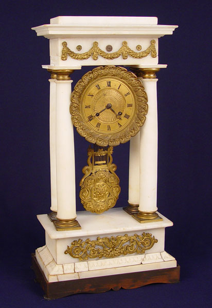 Appraisal: WHITE MARBLE PORTICO MANTLE CLOCK columns on marble base and