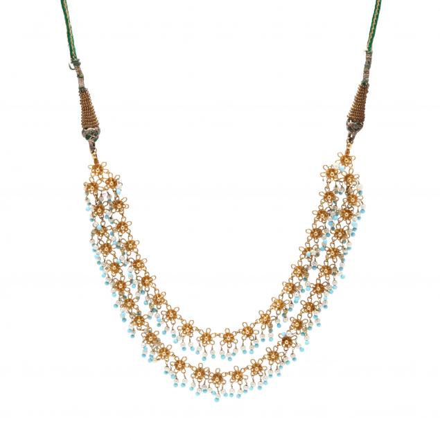 Appraisal: GOLD TURQUOISE AND PEARL NECKLACE INDIA Necklace comprised of two