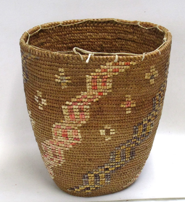 Appraisal: SILETZ STORAGE BASKET with imbricated geometric motif and attached leather