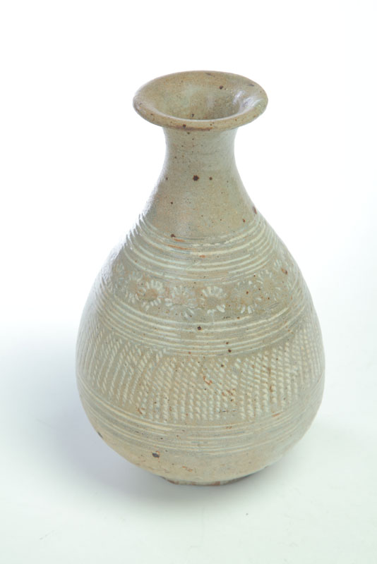 Appraisal: VASE Asian possibly th century pottery Grey glaze with incised