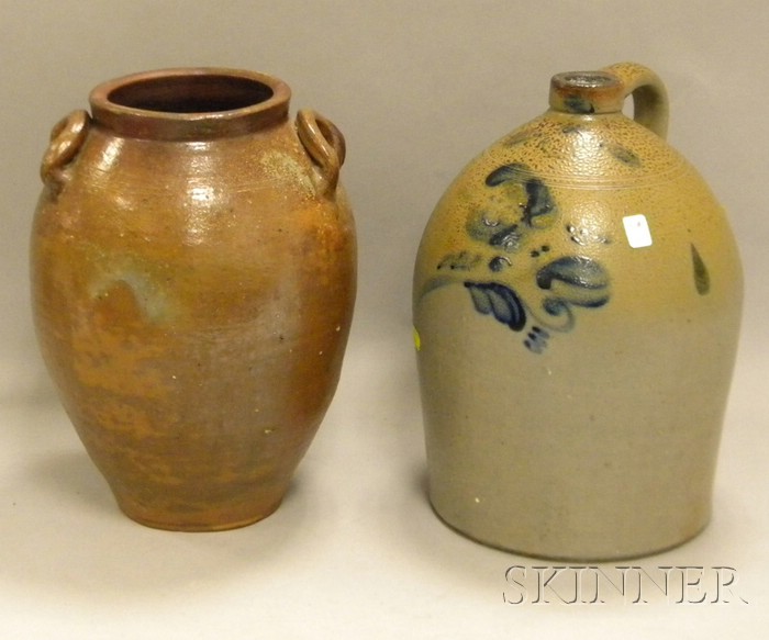 Appraisal: Stoneware Jar and a Cobalt-decorated Crock America th century ovoid-form