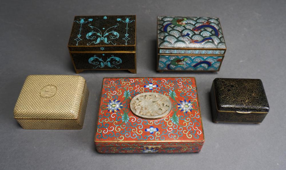 Appraisal: FIVE CHINESE CLOISONNE ENAMEL HINGED BOXES LARGEST X IN X