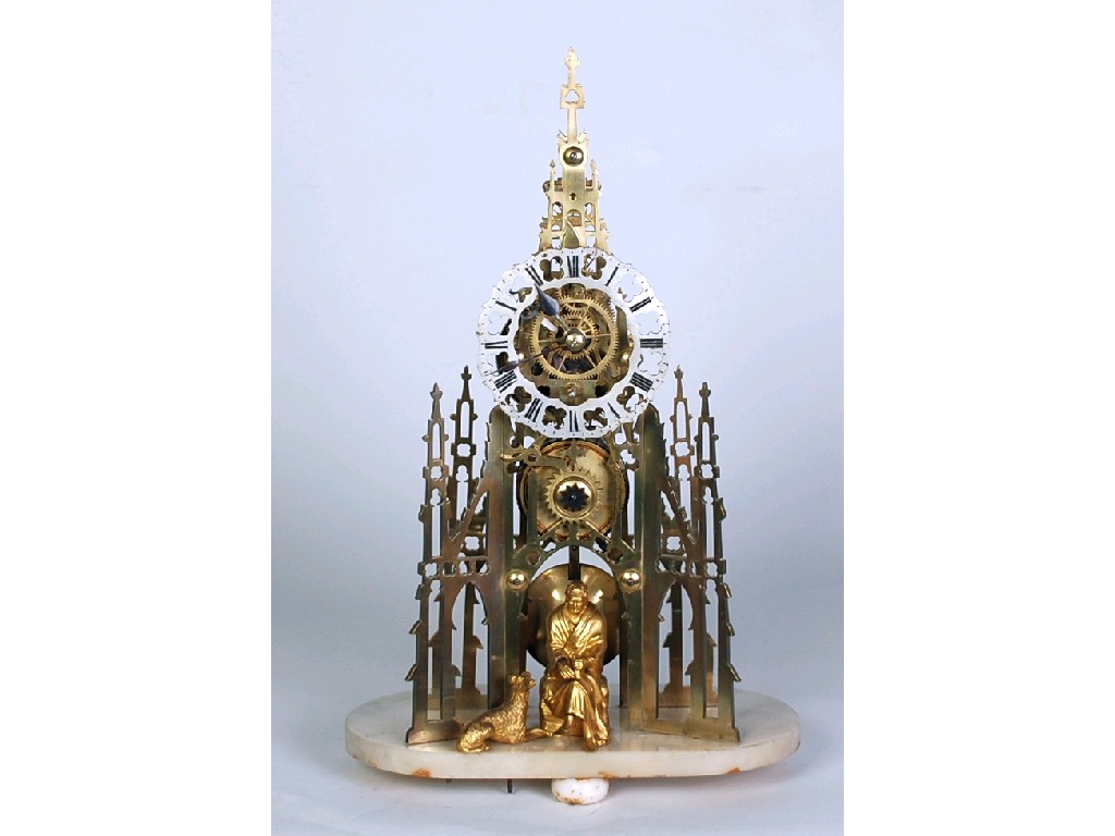 Appraisal: NINETEENTH CENTURY BRASS 'CATHEDRAL' SKELETON CLOCK the pierced silvered Roman