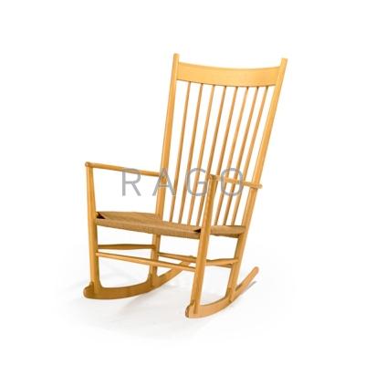 Appraisal: HANS WEGNER Rocking chair Denmark s Beech and jute Stamped