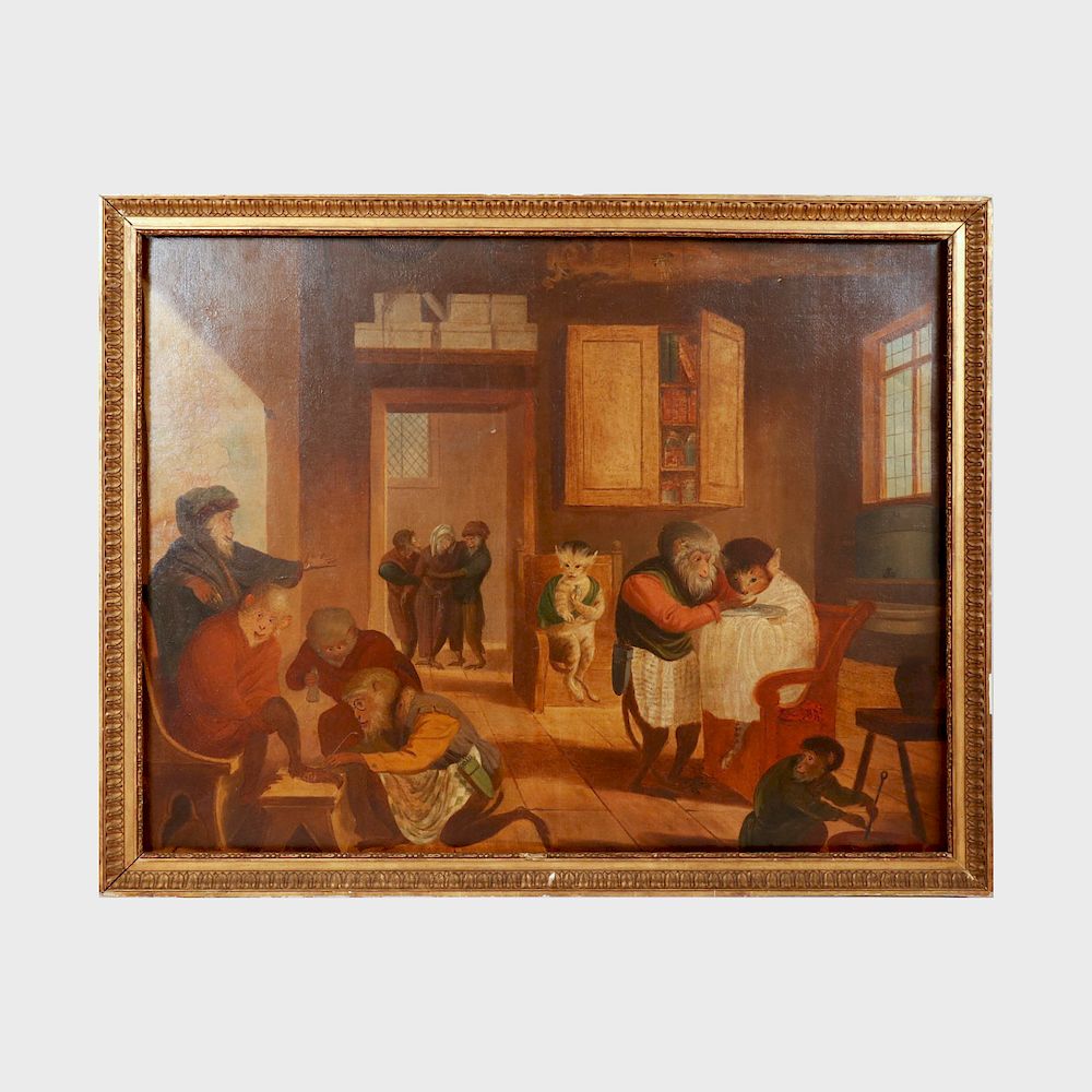 Appraisal: European School Singerie Oil on canvas lined unsigned x in