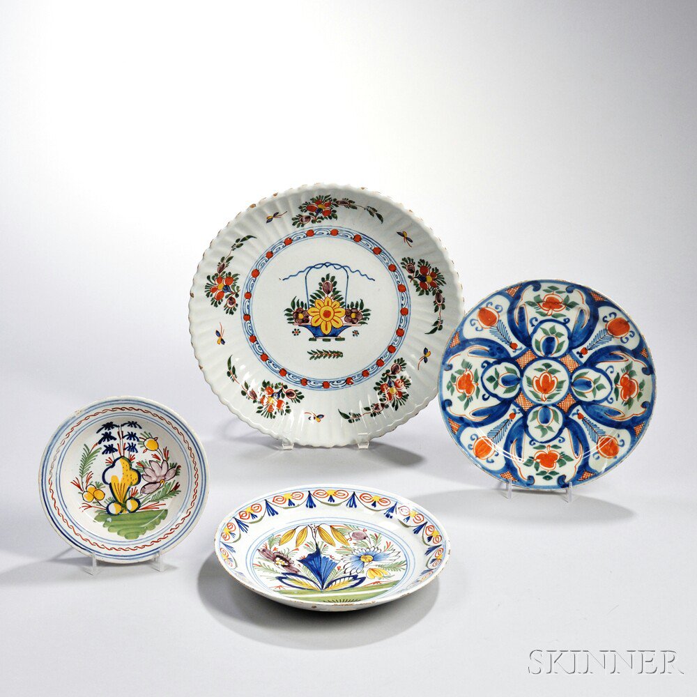 Appraisal: Four Dutch Delft Polychrome Decorated Dishes Holland th century one