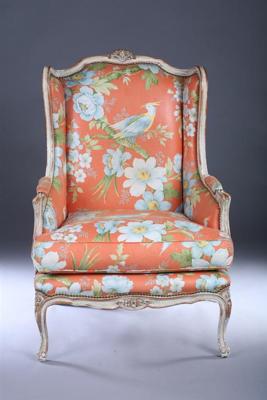 Appraisal: LOUIS XV STYLE PAINTED BERGERE mid th century with nailed