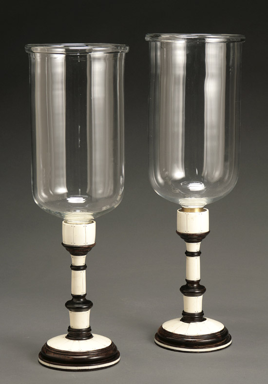 Appraisal: Pair of Anglo-Indian Ivory and Ebony Candlesticks with Hurricane Glass