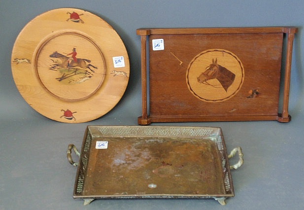 Appraisal: Brass tray and two wood trays with equine decoration