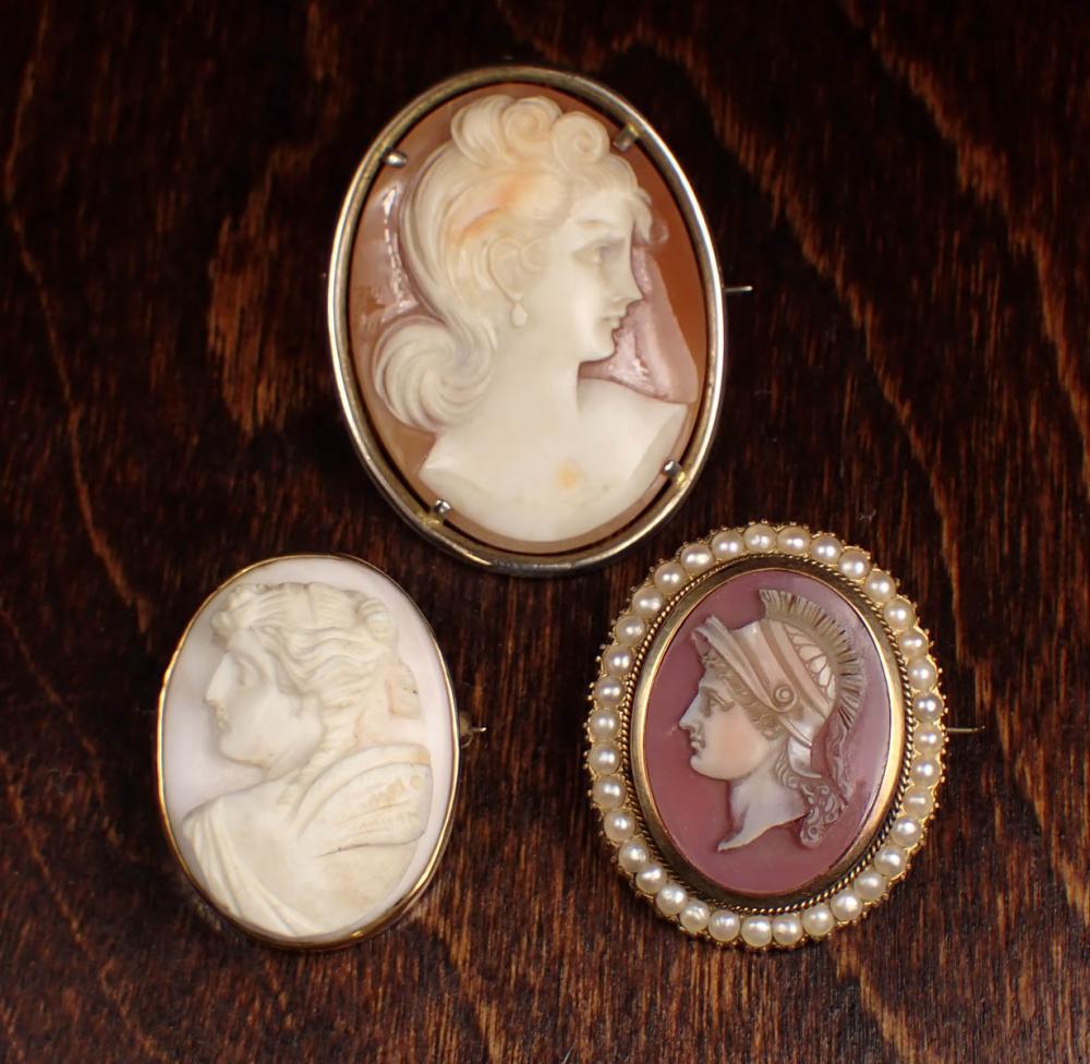 Appraisal: COLLECTION OF THREE CAMEO BROOCHES including a k yellow gold