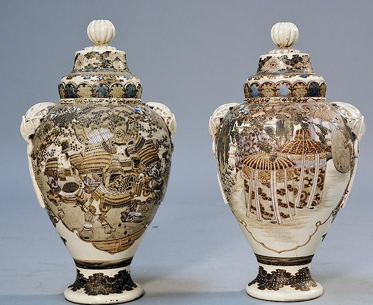 Appraisal: Pair of th C Japanese Satsuma covered jars Pair of