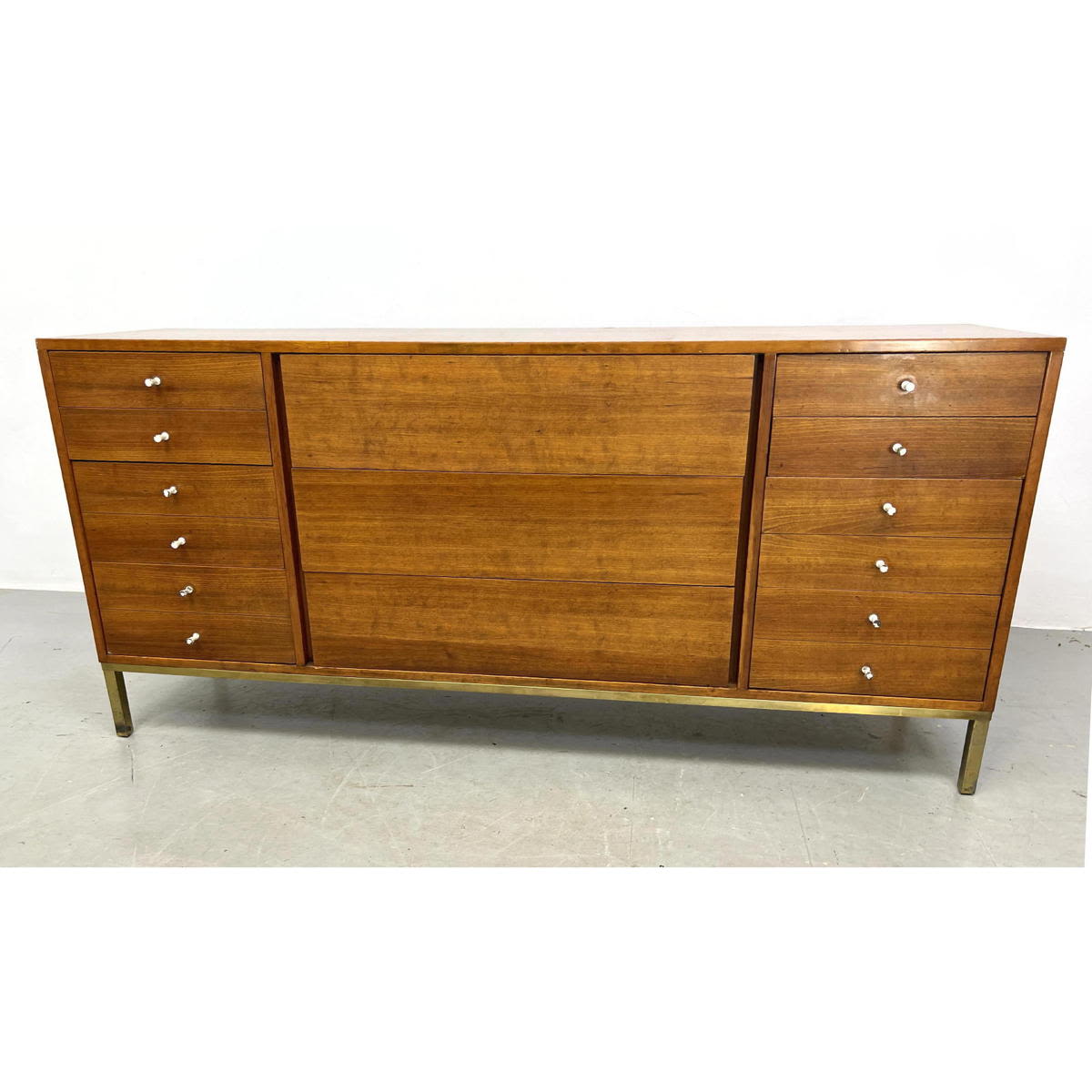 Appraisal: PAUL McCOBB Style American Modern Walnut Credenza Dresser Square Brass