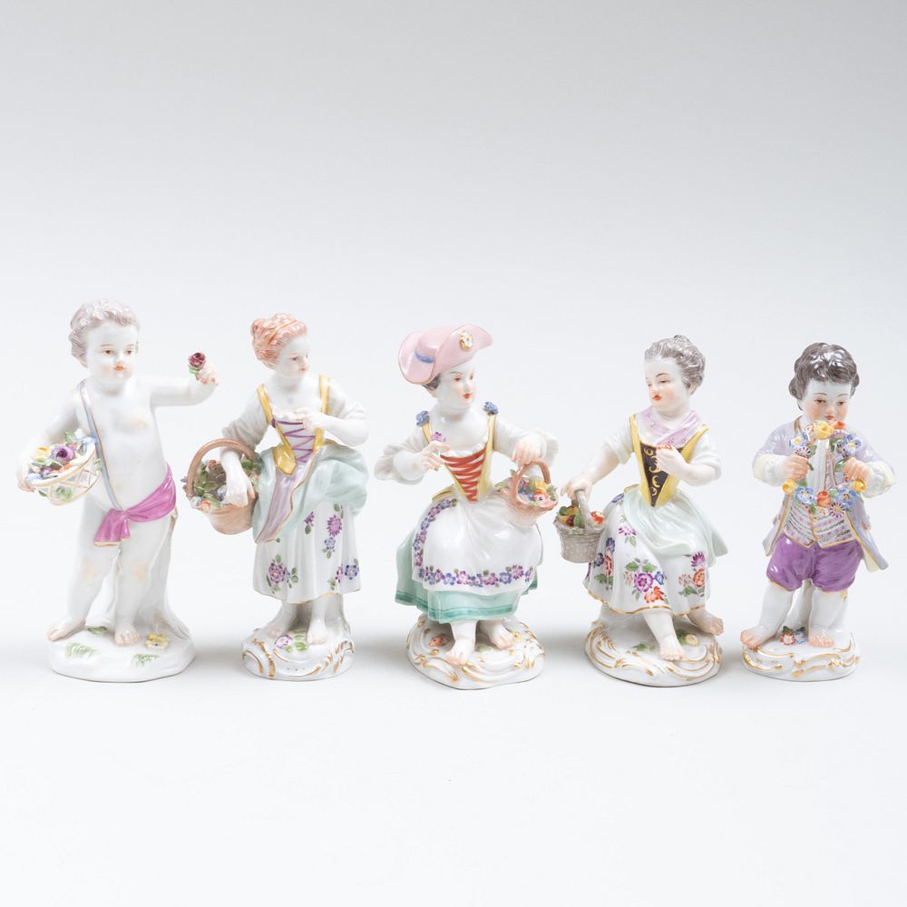 Appraisal: Group of Five Meissen Figures with Baskets and Flowers Each