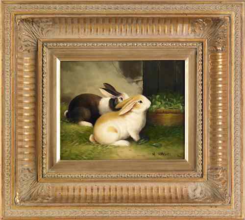 Appraisal: Oil on canvas of two rabbits th c signed lower