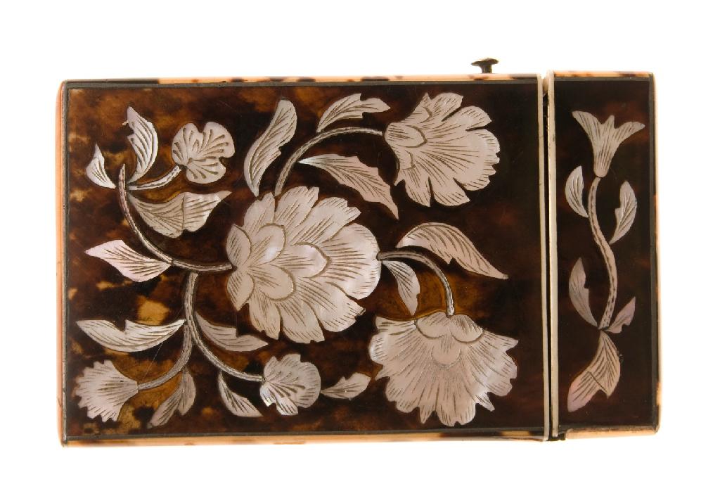 Appraisal: th CENTURY MOTHER-OF-PEARL INLAID TORTOISESHELL CARD CASE of characteristic form