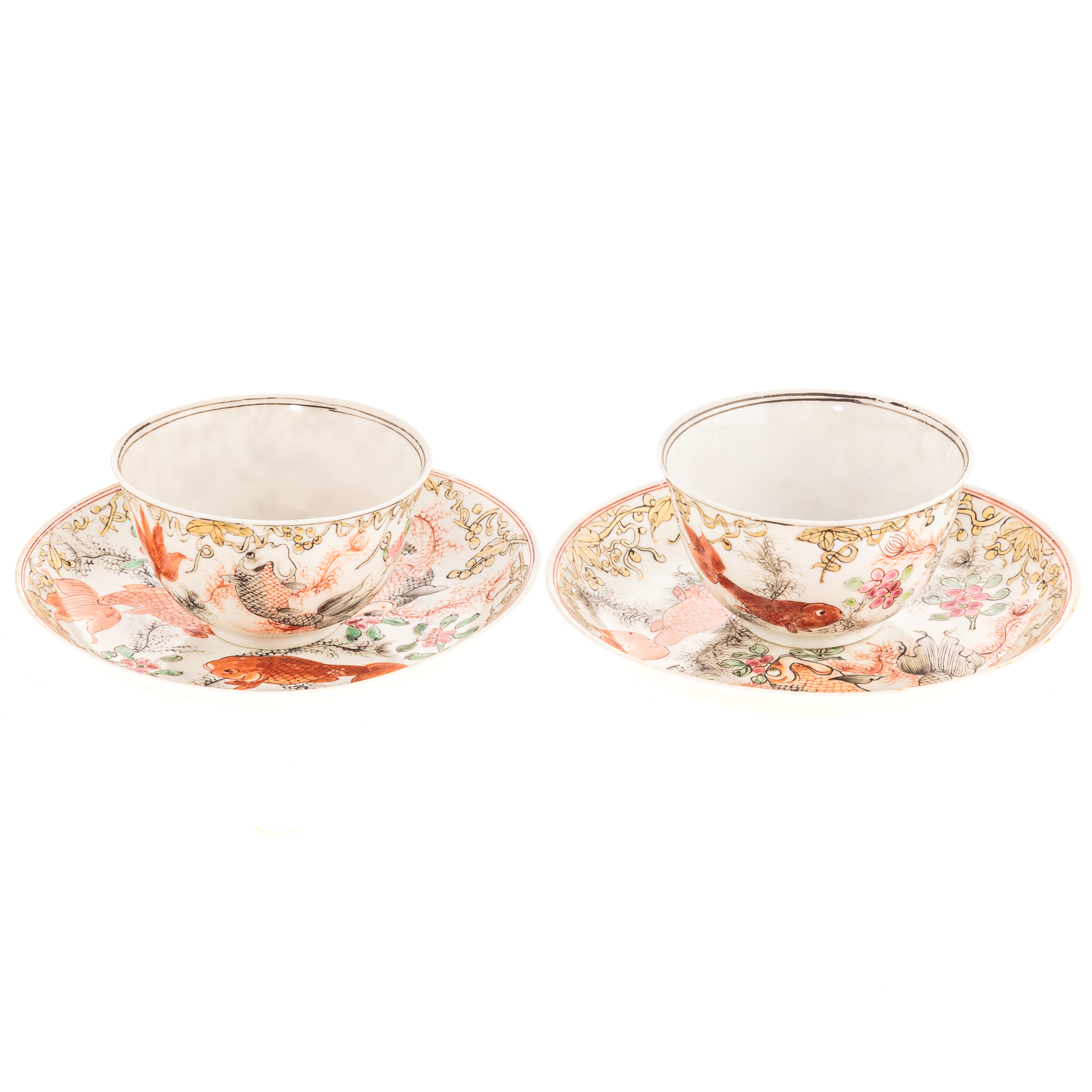 Appraisal: PAIR CHINESE EXPORT SACRED CARP TEA BOWLS SAUCERS Circa decorated