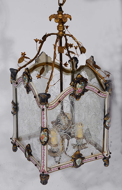 Appraisal: A FRENCH ENAMELLED AND GILT METAL HANGING LANTERN with painted