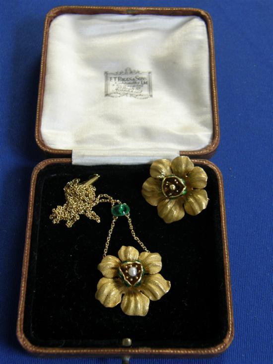 Appraisal: Enamel and gold petal head pendant with matching brooch stamped