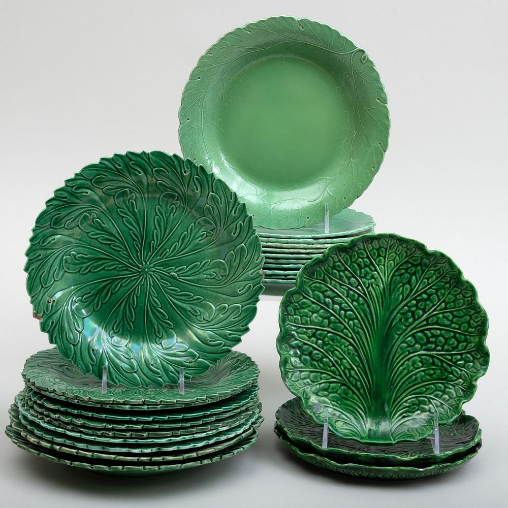 Appraisal: Group of Green Majolica Leaf Form Plates Comprising A pair