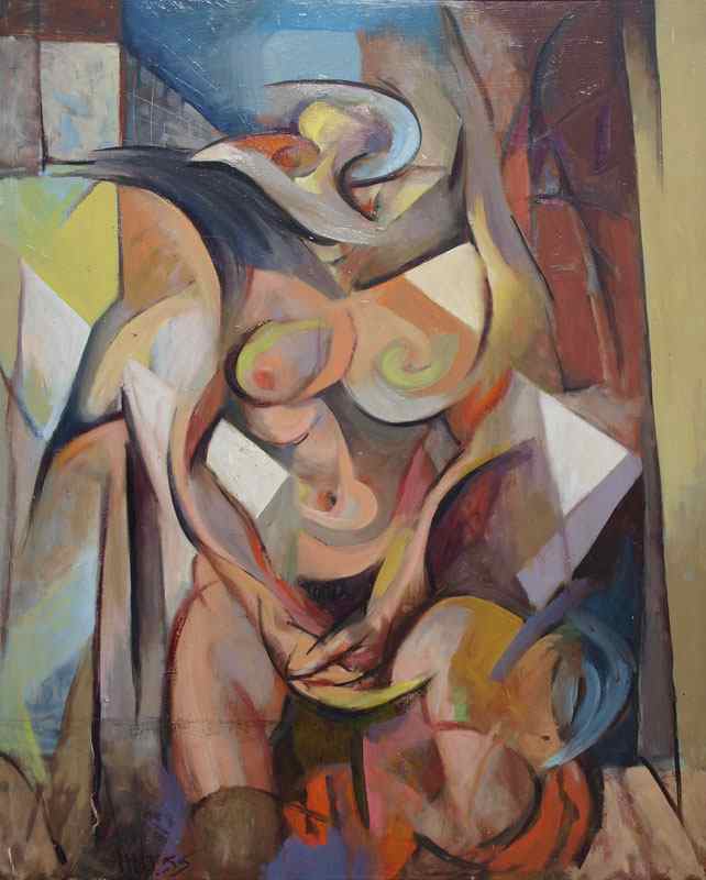 Appraisal: LARGE ABSTRACT CUBIST FEMALE NUDE OIL MASONITE SIGNED HOLT ''