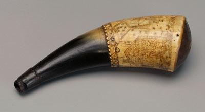 Appraisal: Engraved powder horn extensive decoration with structures ships birds quadrupeds