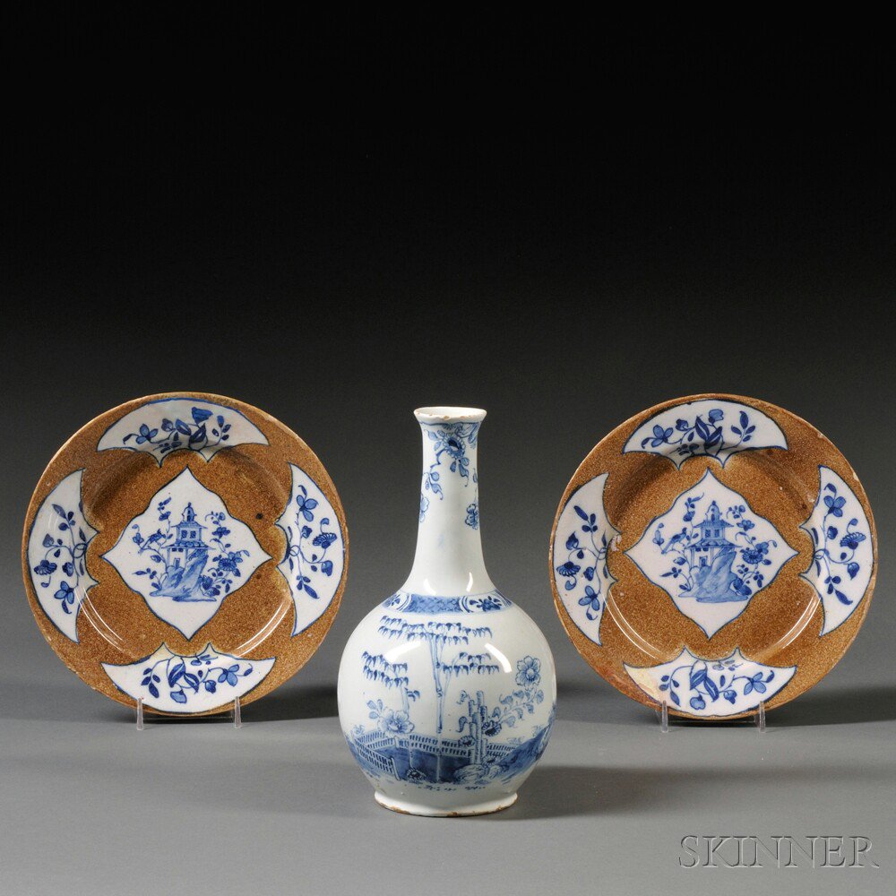 Appraisal: Three Blue Decorated Delftware Items England mid- th century a