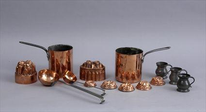 Appraisal: GROUP OF COPPER UTENSILS AND THREE PEWTER GILL MEASURES Comprising