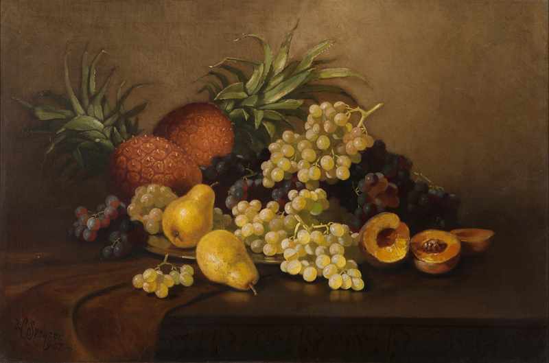 Appraisal: Still life of pineapples peaches grapes pears oil on waxed