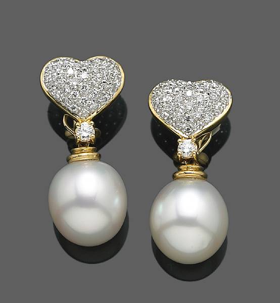 Appraisal: A pair of diamond and cultured pearl heart motif earclips