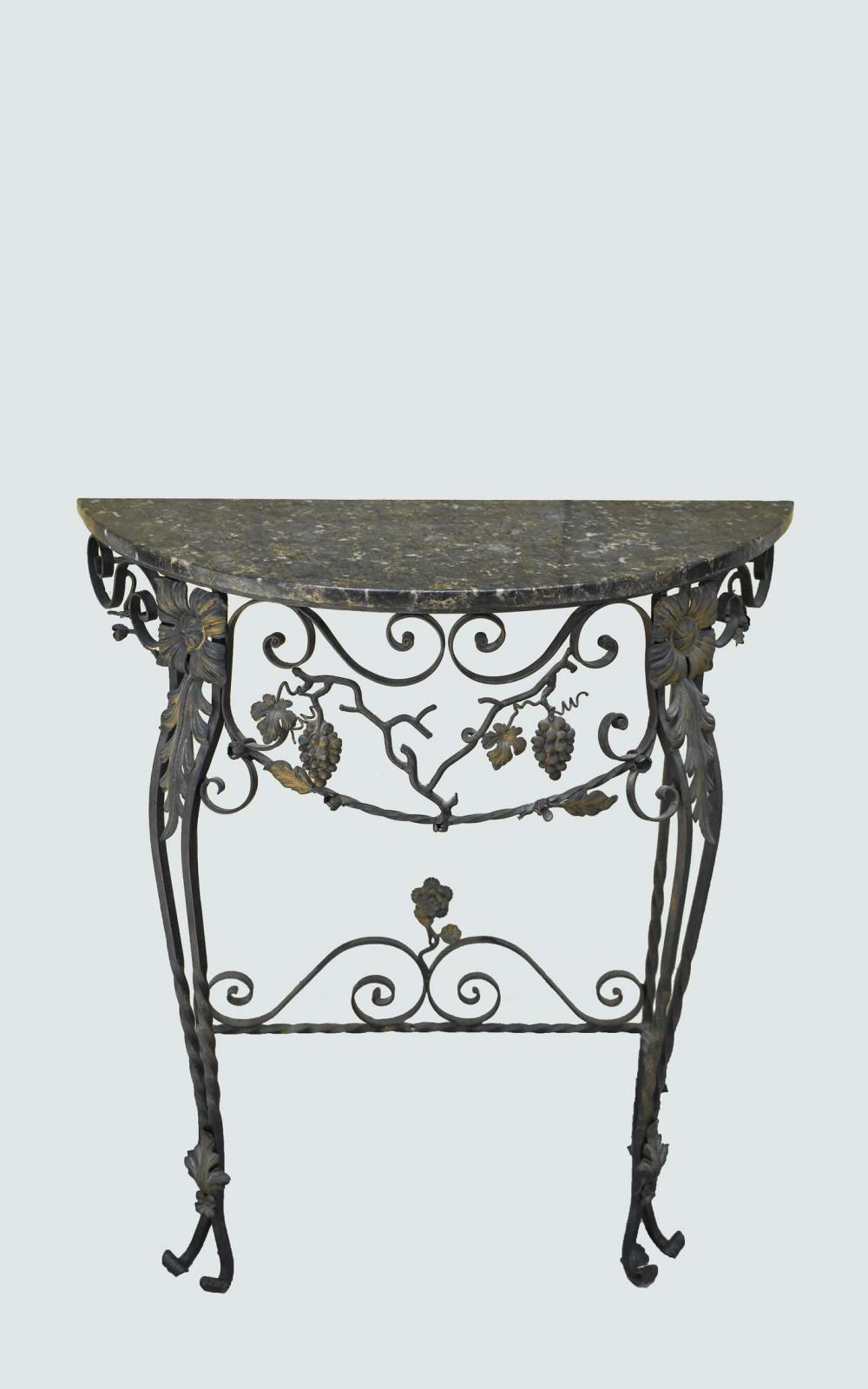 Appraisal: CONTINENTAL MARBLE TOP WROUGHT IRON CONSOLEEarly to mid- th Century