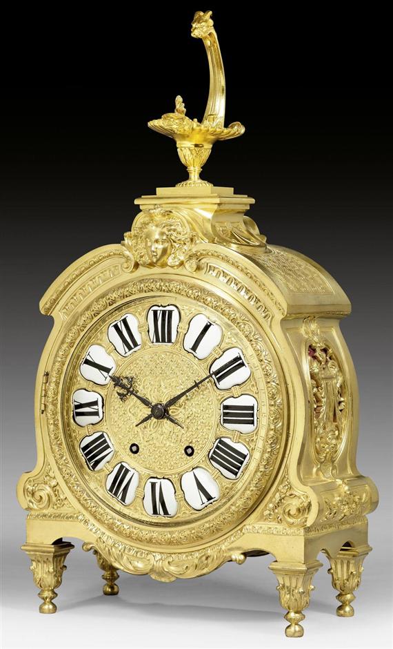 Appraisal: LARGE MANTEL CLOCK AU MASCARON Louis XIV style monogrammed HD