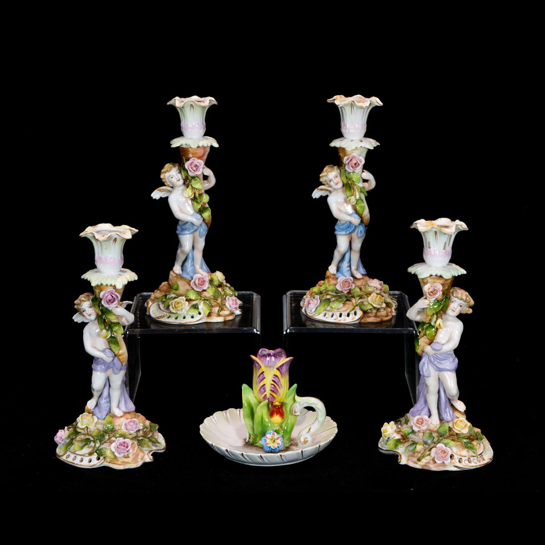 Appraisal: LOT OF GERMAN PLAUE SCHIERHOLZSCHE PORCELAIN FLORAL ENCRUSTED FIGURAL CANDLESTICKS