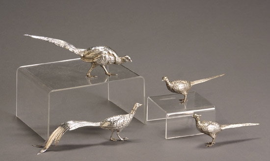 Appraisal: Group of Four German Silver Figures of Pheasants The first