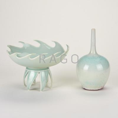 Appraisal: CLIFF LEE Celadon porcelain bowl on stand and bud vase